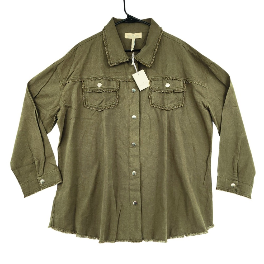 Crown Linen Designs Utility Shirt Shacket sz M Women Army Green Snaps Frayed NEW